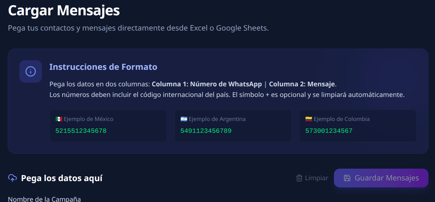 WhatsApp campaign and message loading dashboard